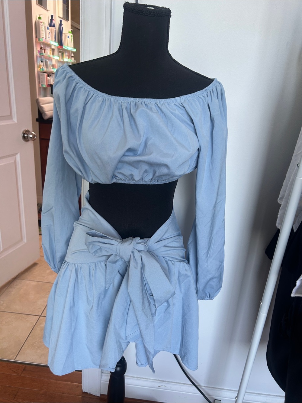 Light Blue Off-Shoulder Crop Top & Tie-Waist Skirt Set